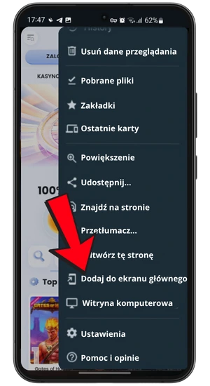 Wybierz Dodaj do ekranu głównego w menu Chrome